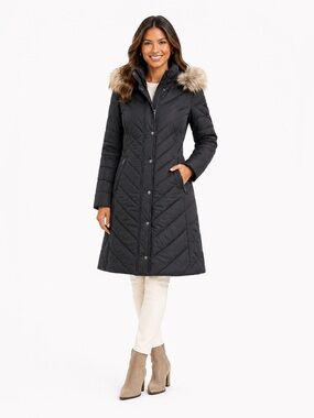 London Fog Women's Black Puffer Coat with Fur Trim